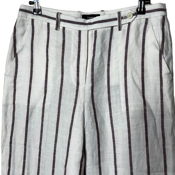 Theory Nadeema Wide Leg Stripe Linen Rev Pant in White Red‎ Raspberry - Picture 5 of 11